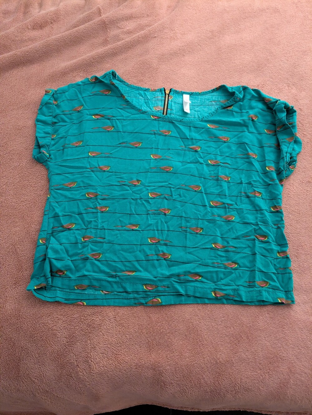 Teal Short Sleeve Blouse with Bird Print